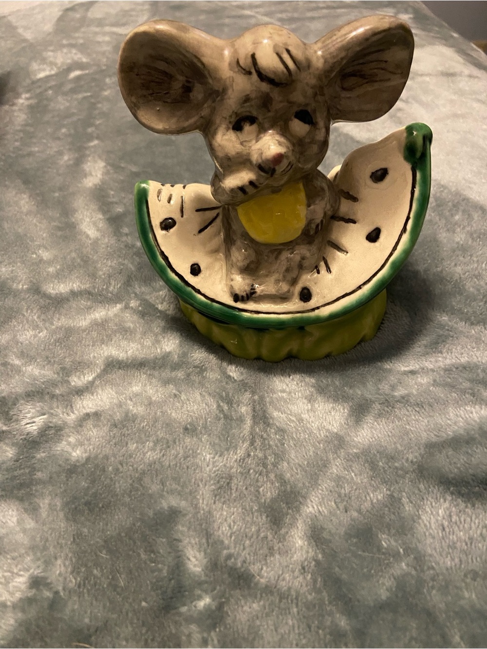 Cute Gray Mouse on Green & Yellow Watermelon Ceramic Figurine